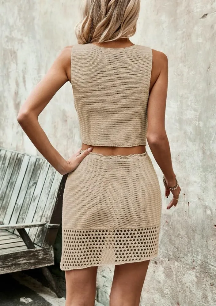 2 Piece Sets for Women Summer Crochet Hollow Out Knitted Skirt V Neck Crop Top Vest Vacation Cruise Outfits