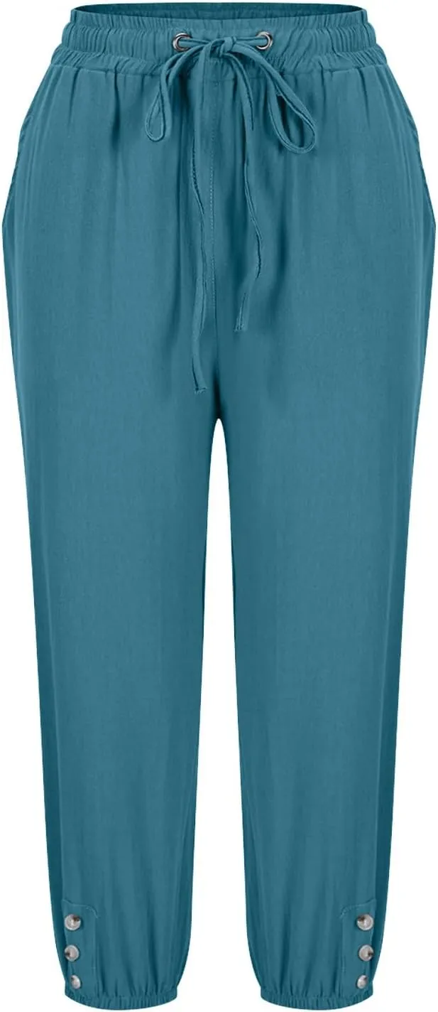 2025 Capri Linen Pants for Women Casual Summer Drawstring Elastic High Botton Pant Straight Leg Cropped Trouser