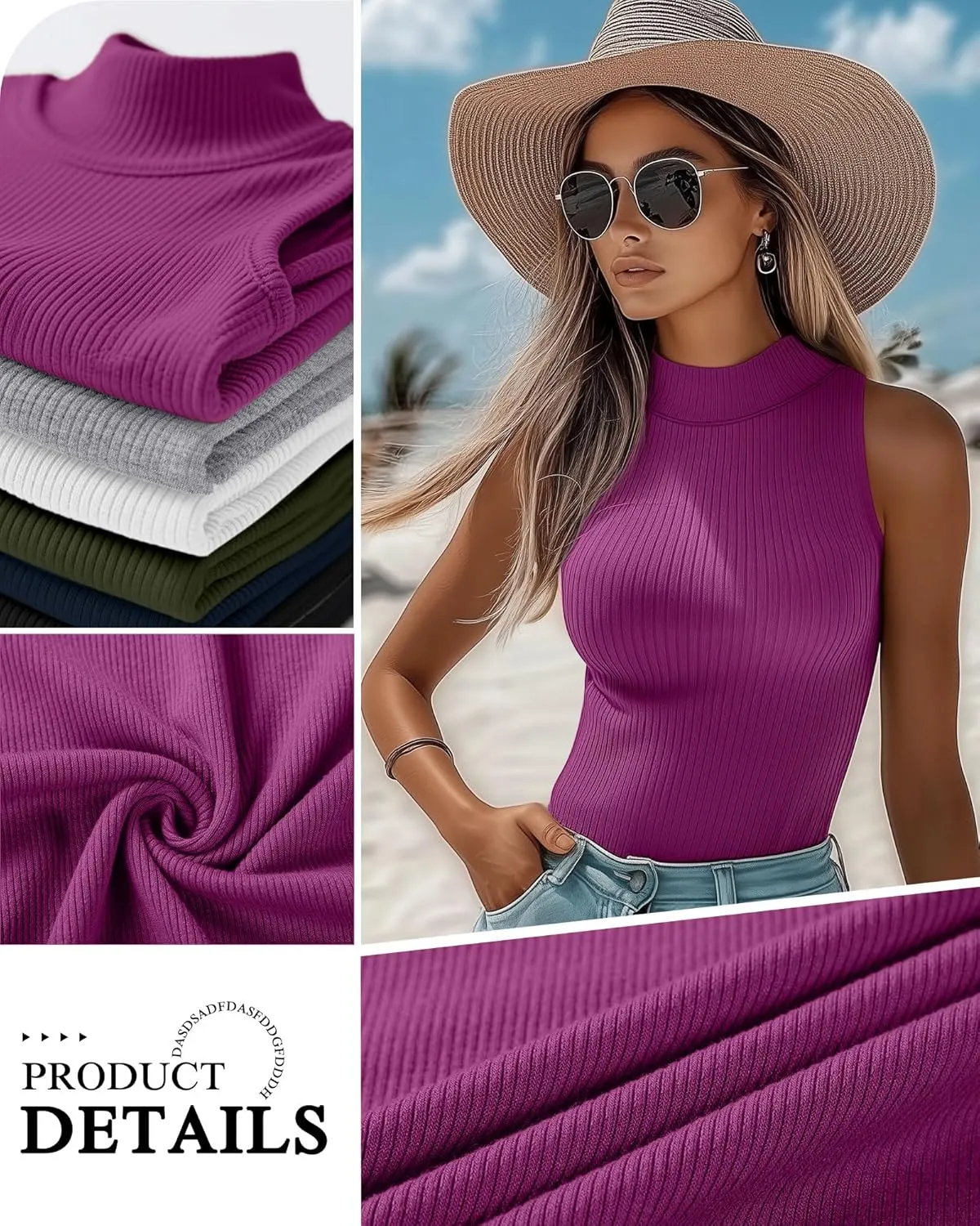 3 Pack Women's Sleeveless Mock Turtlenecks Shirts, Ribbed Stretch Slim Fitted Tank Top Basic Lightweight Bustier Tee