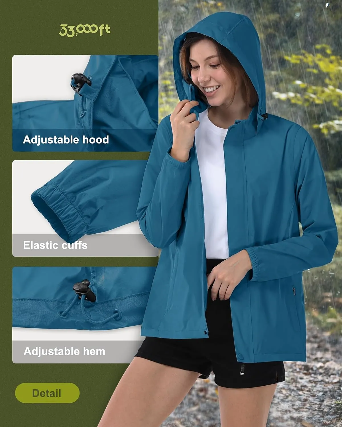 33,000ft Women's Rain Jacket Waterproof Lightweight Packable Raincoat with Hood for Golf Hiking Travel Windbreaker