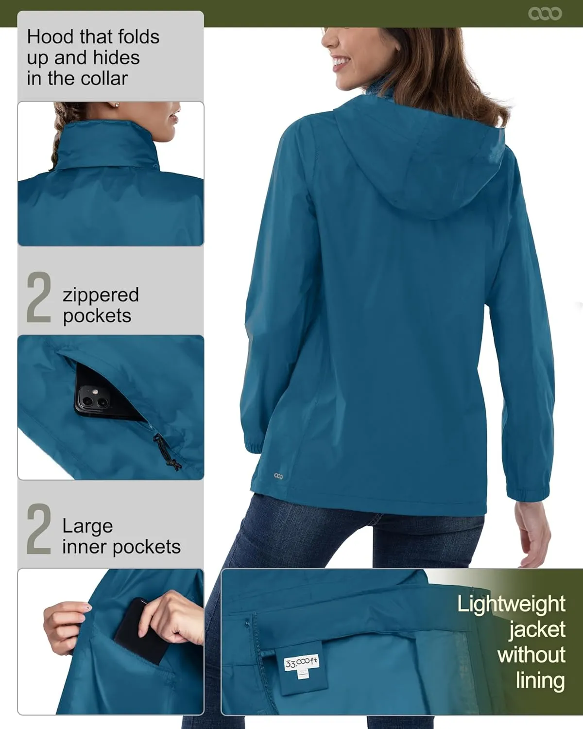 33,000ft Women's Rain Jacket Waterproof Lightweight Packable Raincoat with Hood for Golf Hiking Travel Windbreaker