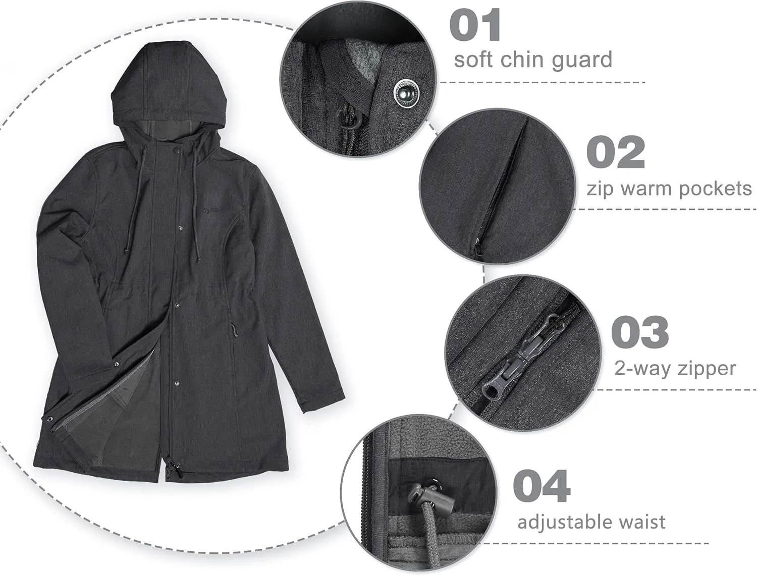 33,000ft Women's Softshell Long Jacket with Hood Fleece Lined Windproof Warm up Waterproof Windbreaker