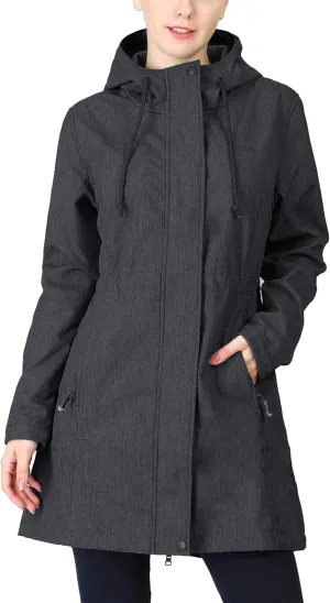 33,000ft Women's Softshell Long Jacket with Hood Fleece Lined Windproof Warm up Waterproof Windbreaker