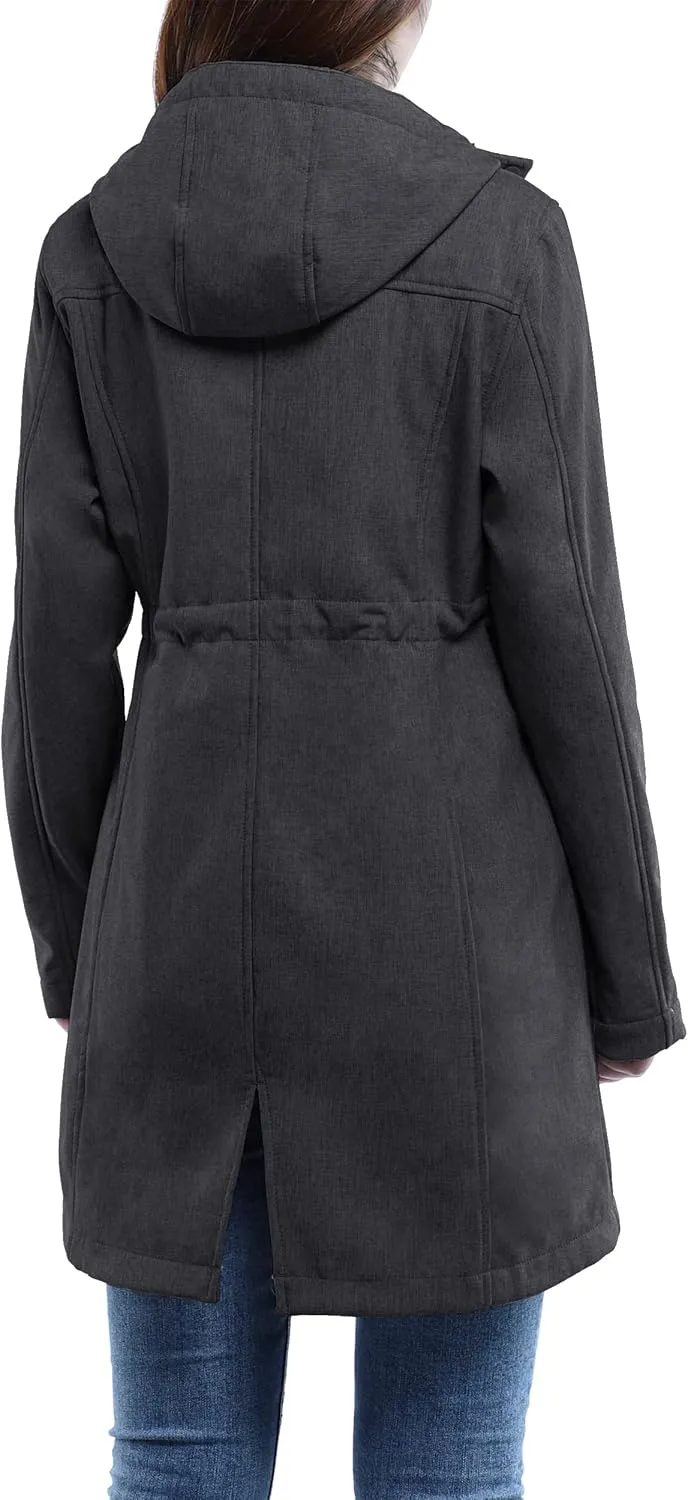 33,000ft Women's Softshell Long Jacket with Hood Fleece Lined Windproof Warm up Waterproof Windbreaker