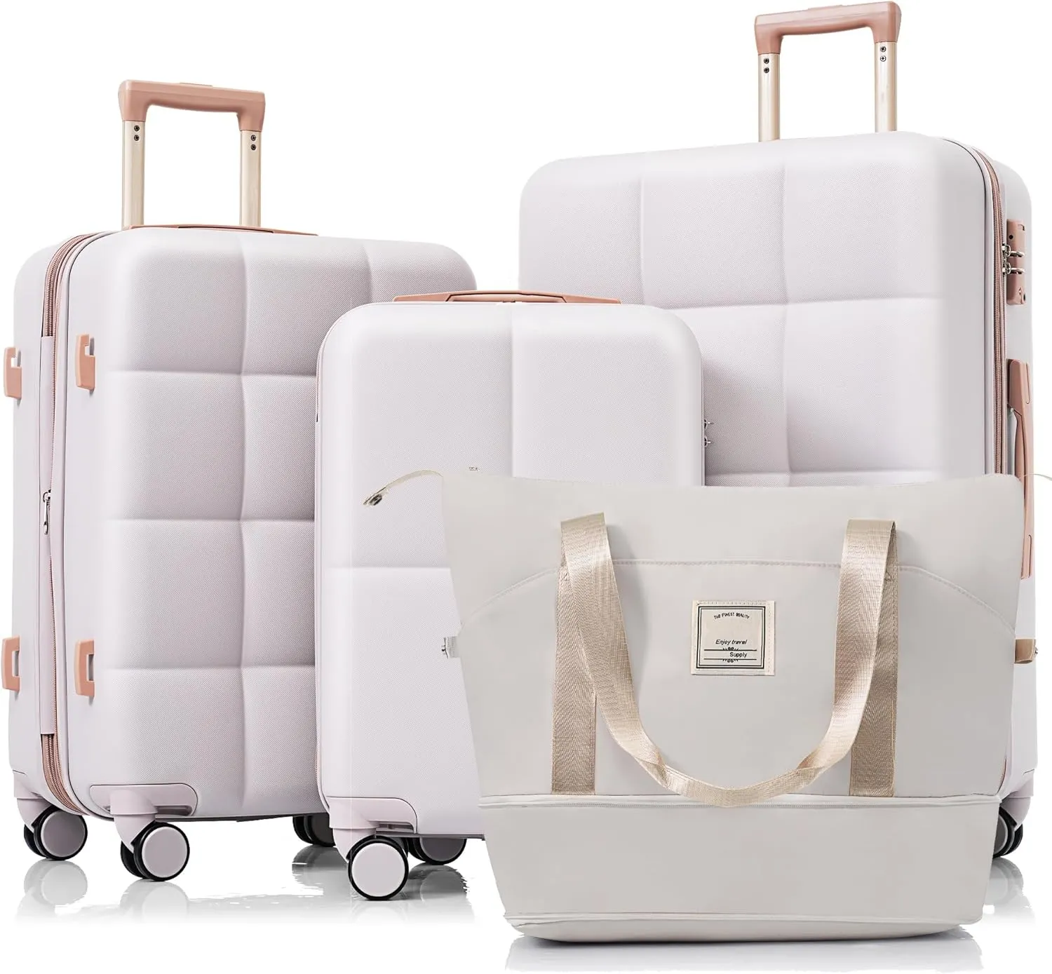 4 Piece Luggage Set with USB Port, Expandable Hard Shell Suitcases and Travel Bag, Light Grey