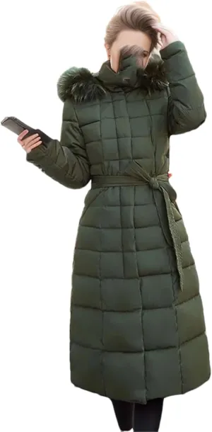 Adhdyuud Women Down Cotton Long Jacket Slim Over The Knee Thickened Hooded Padded Warm Puffer Coat