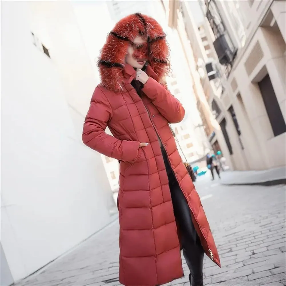 Adhdyuud Women Down Cotton Long Jacket Slim Over The Knee Thickened Hooded Padded Warm Puffer Coat