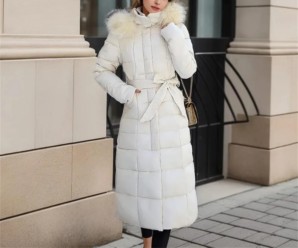 Adhdyuud Women Down Cotton Long Jacket Slim Over The Knee Thickened Hooded Padded Warm Puffer Coat