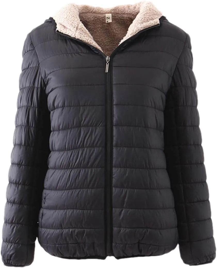 Adhdyuud Women Hooded Warm Coats Winter Slim Cotton Padded Basic Jacket Short Zipper White Duck Down Parka