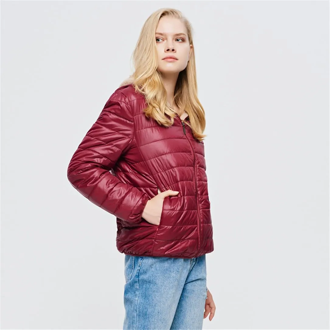 Adhdyuud Women Hooded Warm Coats Winter Slim Cotton Padded Basic Jacket Short Zipper White Duck Down Parka