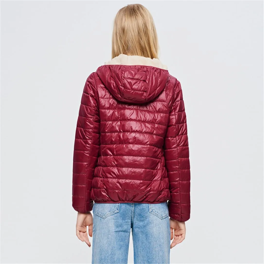 Adhdyuud Women Hooded Warm Coats Winter Slim Cotton Padded Basic Jacket Short Zipper White Duck Down Parka
