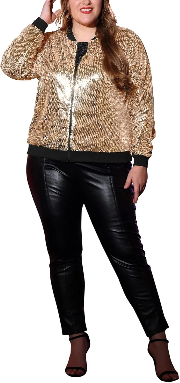 Agnes Orinda Plus Size Metallic Jacket for Women Sparkle Party 2024 Sequin Bomber Jackets