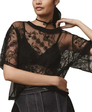 Aimiray Women's Sexy Mesh Tops Short Sleeve Round Neck Lace 3D Printed Floral Sheer Blouse See Through Layering Shirt Tops