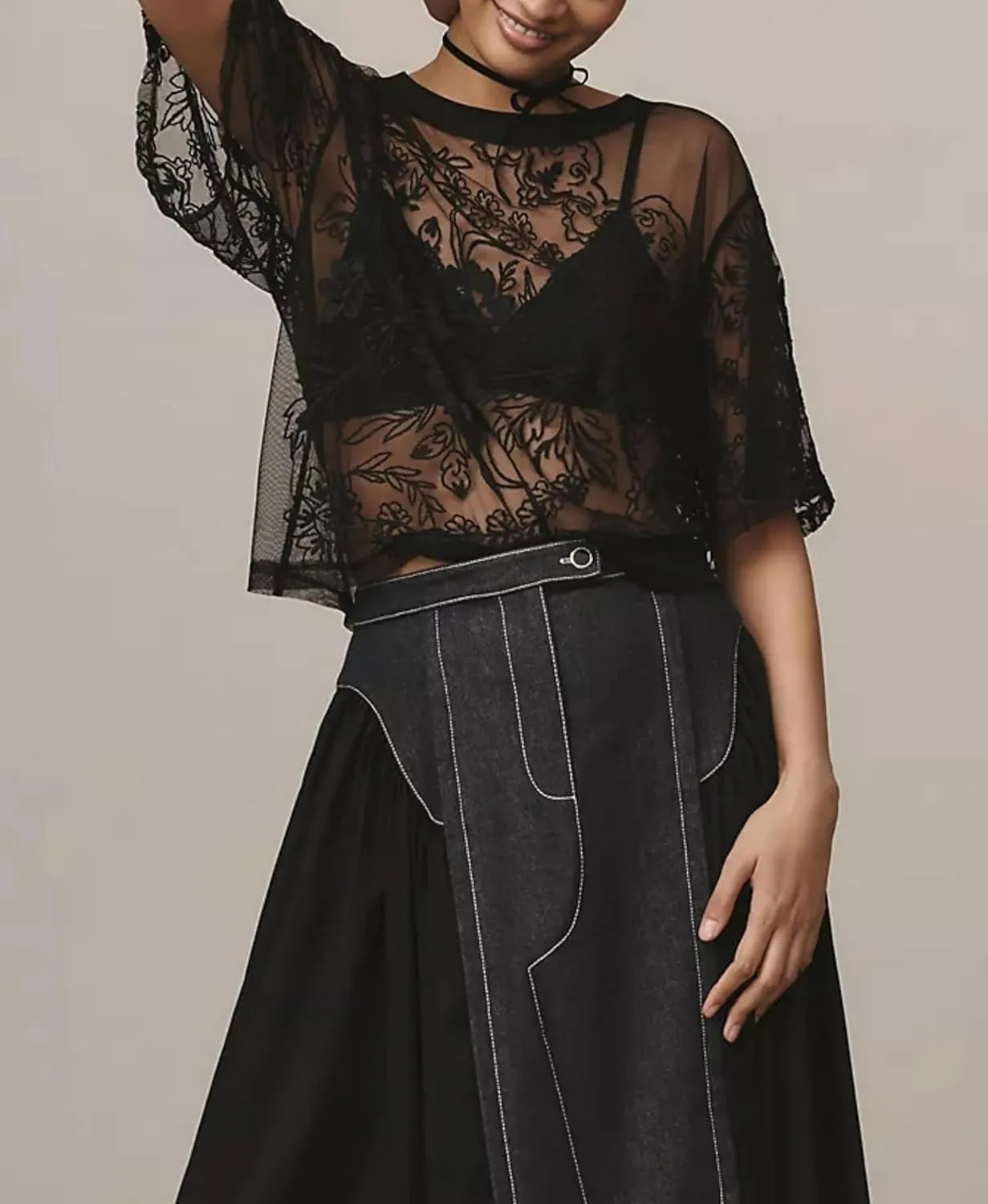 Aimiray Women's Sexy Mesh Tops Short Sleeve Round Neck Lace 3D Printed Floral Sheer Blouse See Through Layering Shirt Tops