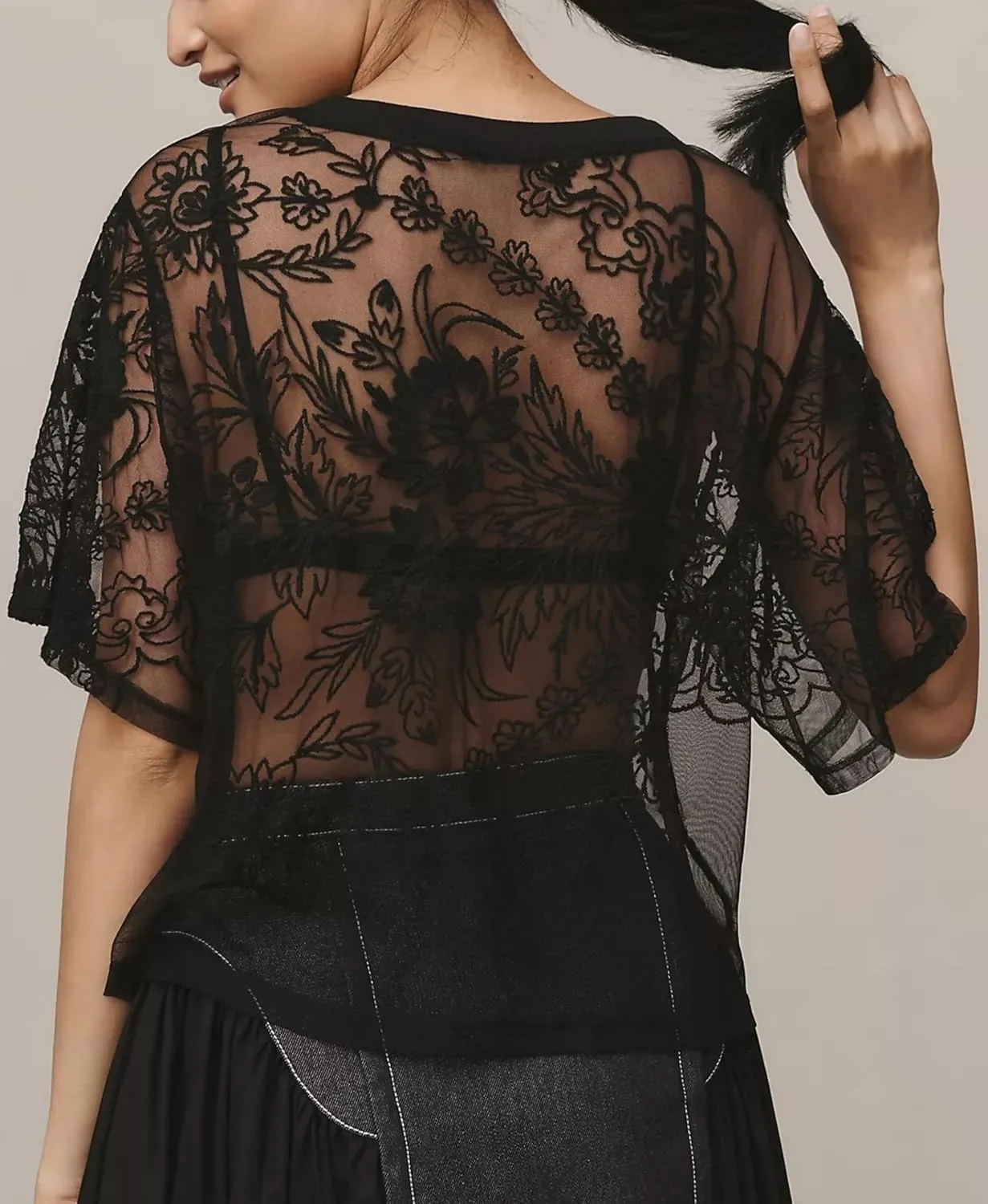Aimiray Women's Sexy Mesh Tops Short Sleeve Round Neck Lace 3D Printed Floral Sheer Blouse See Through Layering Shirt Tops