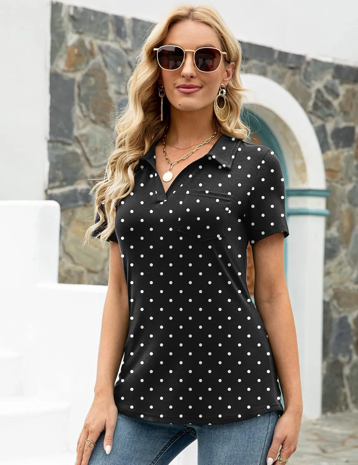 AKEWEI Womens V Neck Polo Shirts Short Sleeve Collared Tops Loose Casual Tunic Blouses with Pocket