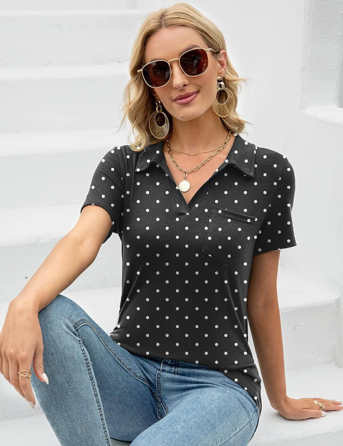 AKEWEI Womens V Neck Polo Shirts Short Sleeve Collared Tops Loose Casual Tunic Blouses with Pocket