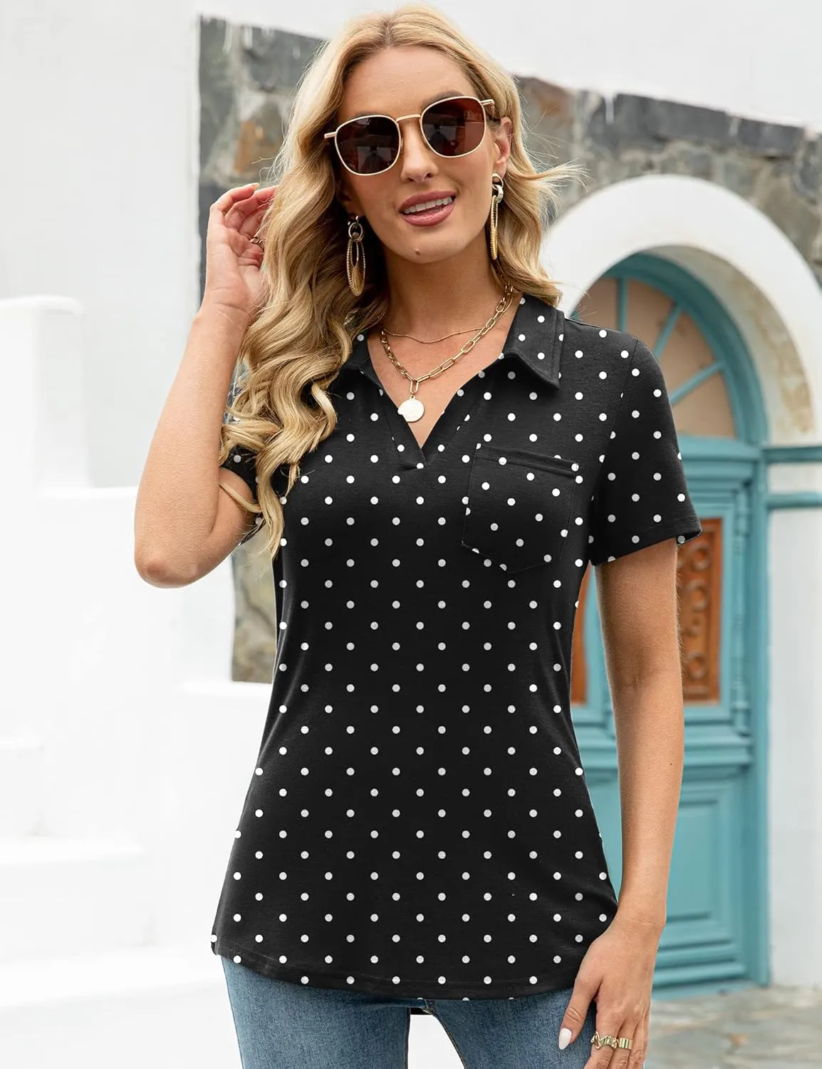 AKEWEI Womens V Neck Polo Shirts Short Sleeve Collared Tops Loose Casual Tunic Blouses with Pocket