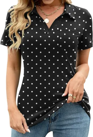 AKEWEI Womens V Neck Polo Shirts Short Sleeve Collared Tops Loose Casual Tunic Blouses with Pocket
