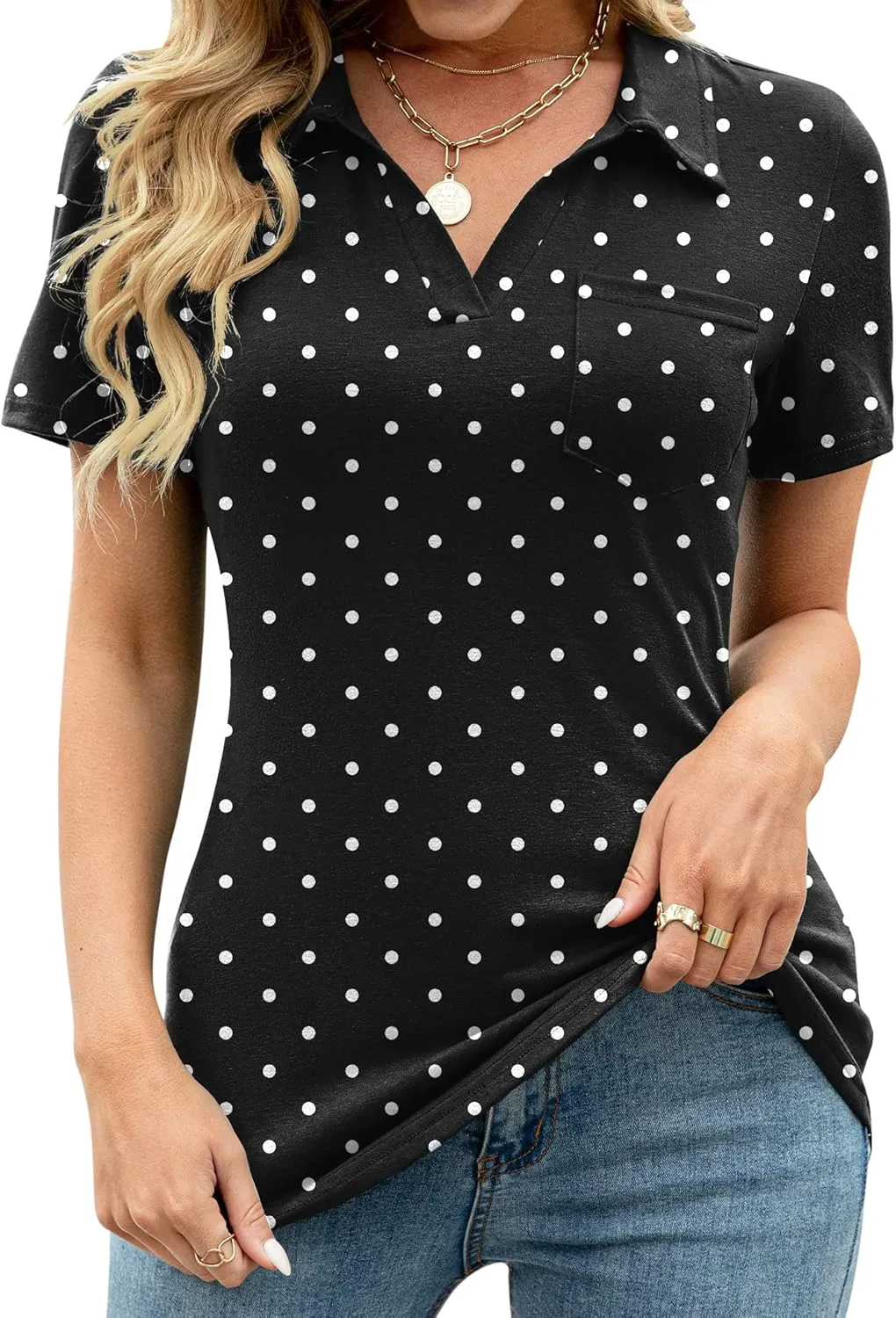 AKEWEI Womens V Neck Polo Shirts Short Sleeve Collared Tops Loose Casual Tunic Blouses with Pocket