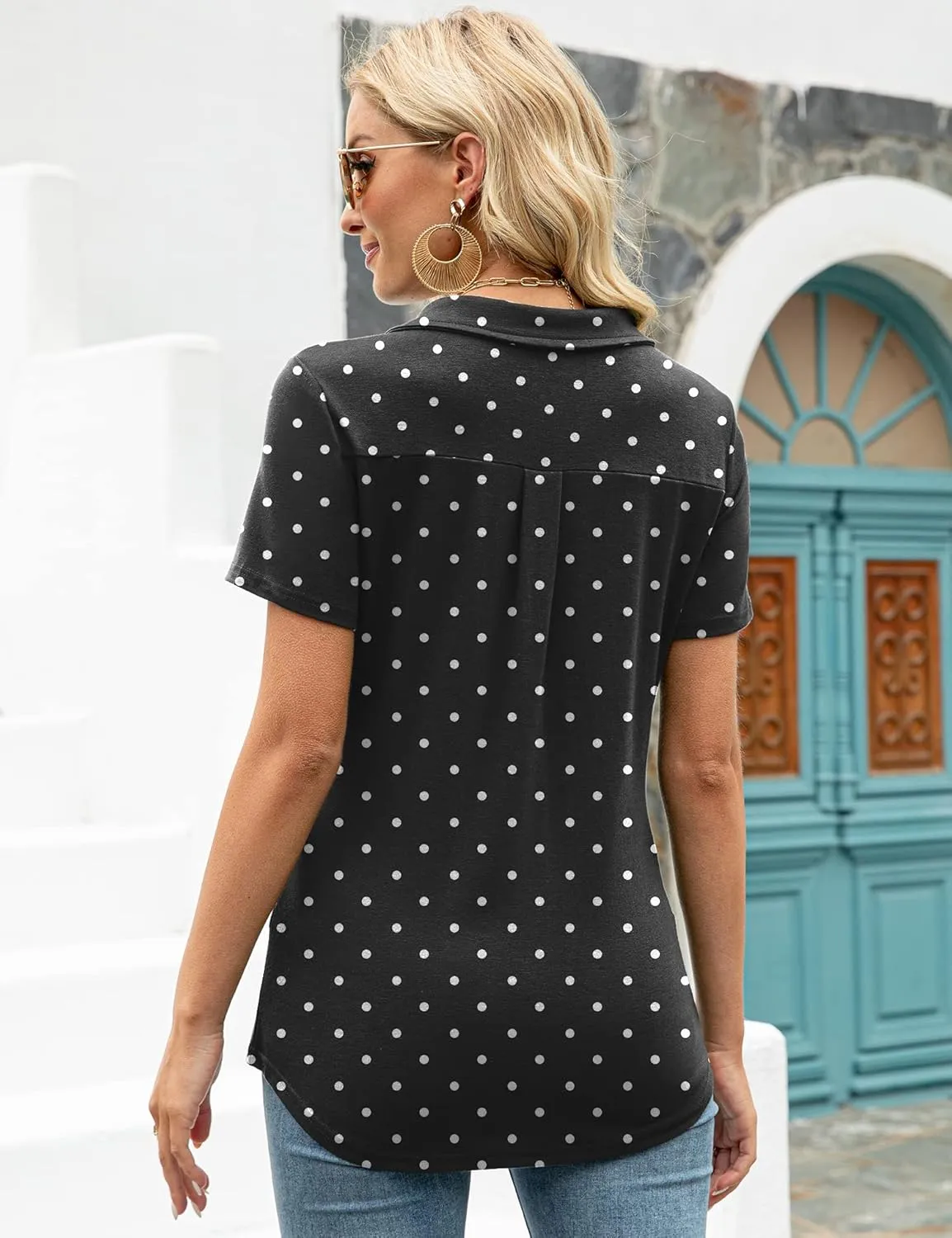 AKEWEI Womens V Neck Polo Shirts Short Sleeve Collared Tops Loose Casual Tunic Blouses with Pocket