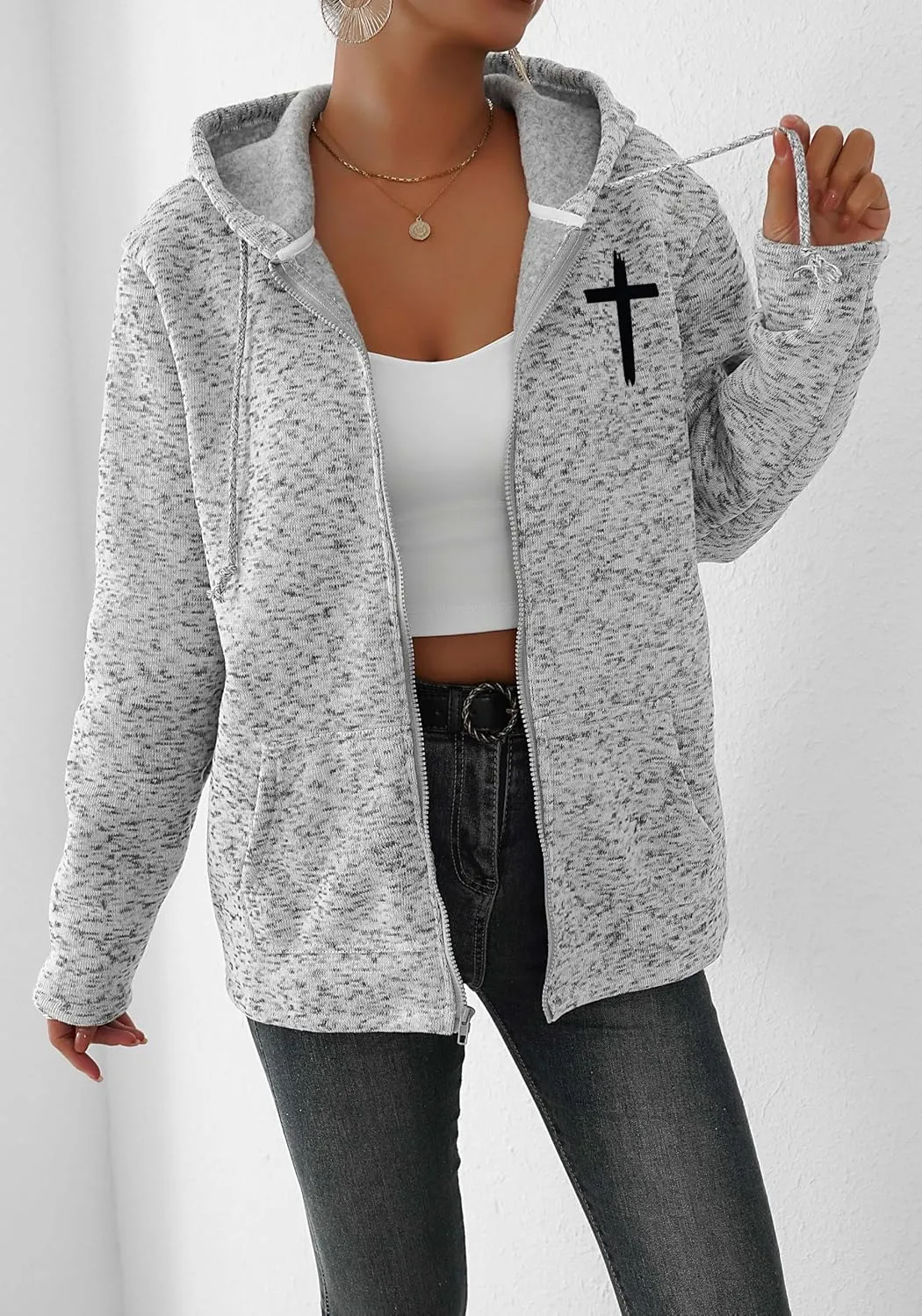 Akivide Womens Blessed Jesus Cross Zip Up Hoodie Oversized Long Sleeve Drawstring Sweater Jacket Christian Hoodies