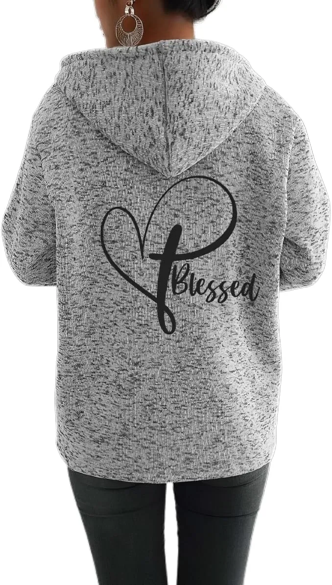 Akivide Womens Blessed Jesus Cross Zip Up Hoodie Oversized Long Sleeve Drawstring Sweater Jacket Christian Hoodies