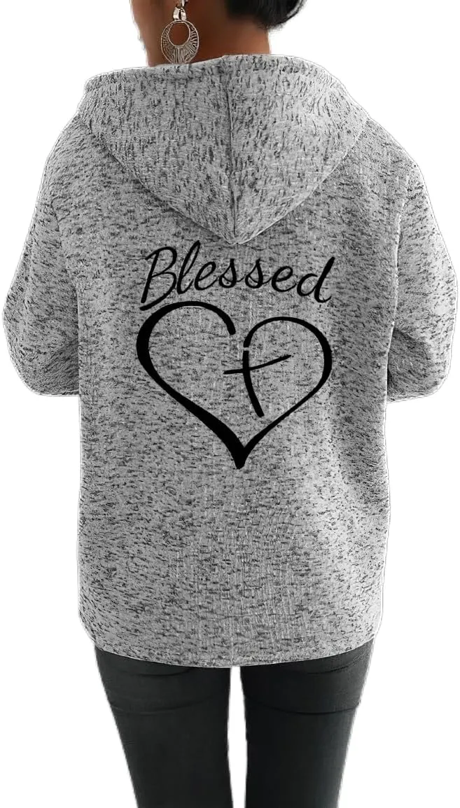 Akivide Womens Blessed Jesus Cross Zip Up Hoodie Oversized Long Sleeve Drawstring Sweater Jacket Christian Hoodies