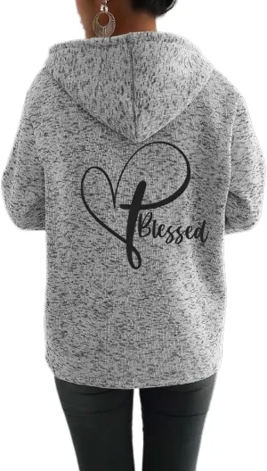 Akivide Womens Blessed Jesus Cross Zip Up Hoodie Oversized Long Sleeve Drawstring Sweater Jacket Christian Hoodies