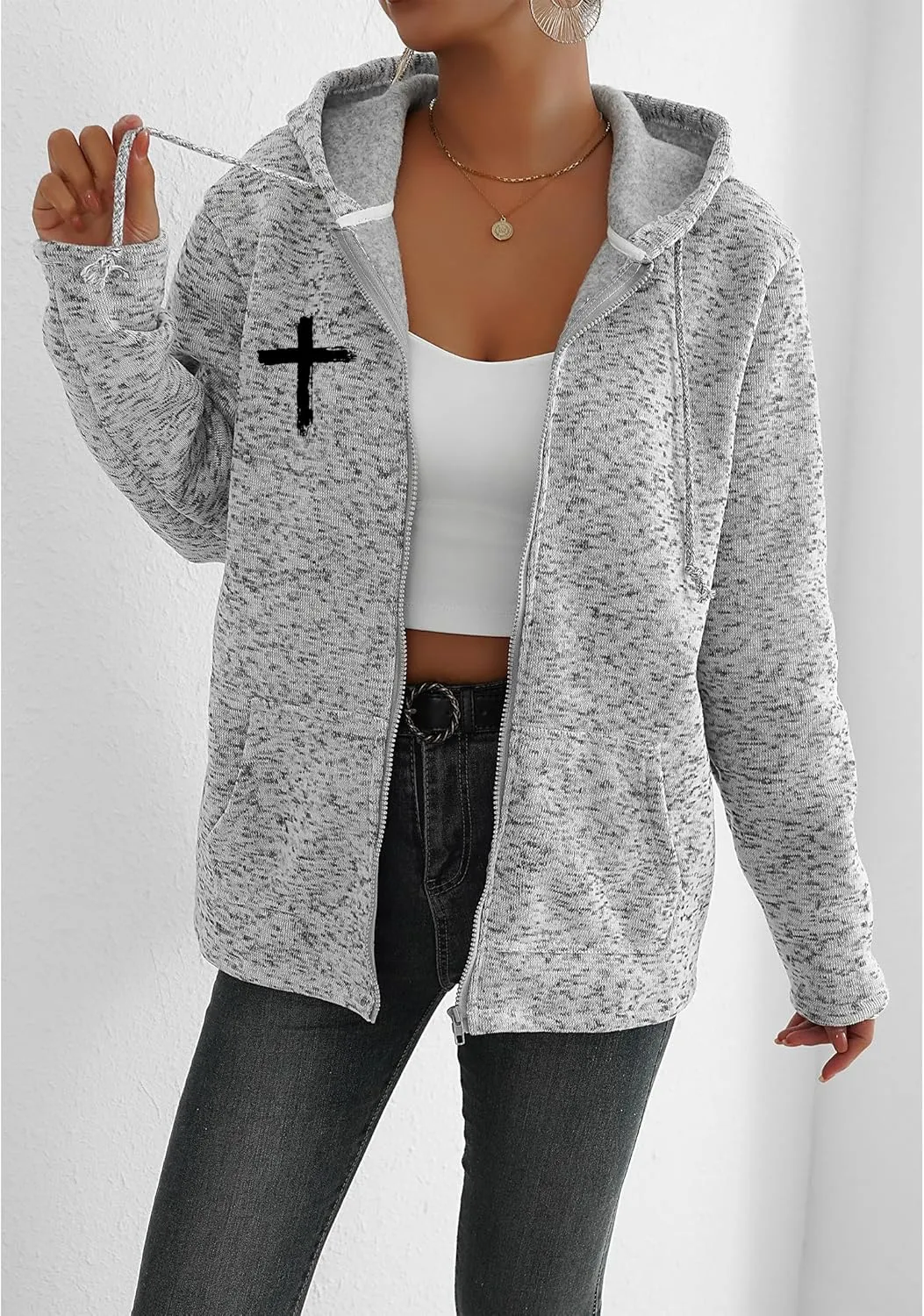 Akivide Womens Blessed Jesus Cross Zip Up Hoodie Oversized Long Sleeve Drawstring Sweater Jacket Christian Hoodies