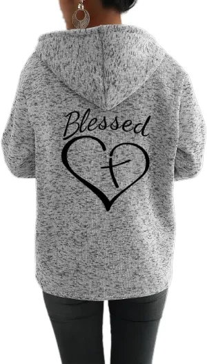 Akivide Womens Blessed Jesus Cross Zip Up Hoodie Oversized Long Sleeve Drawstring Sweater Jacket Christian Hoodies
