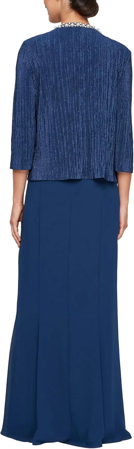 Alex Evenings Women's Long Scoop Mock Gown with Embellished Neck Jacket, Wedding Guest, Formal Event Dress