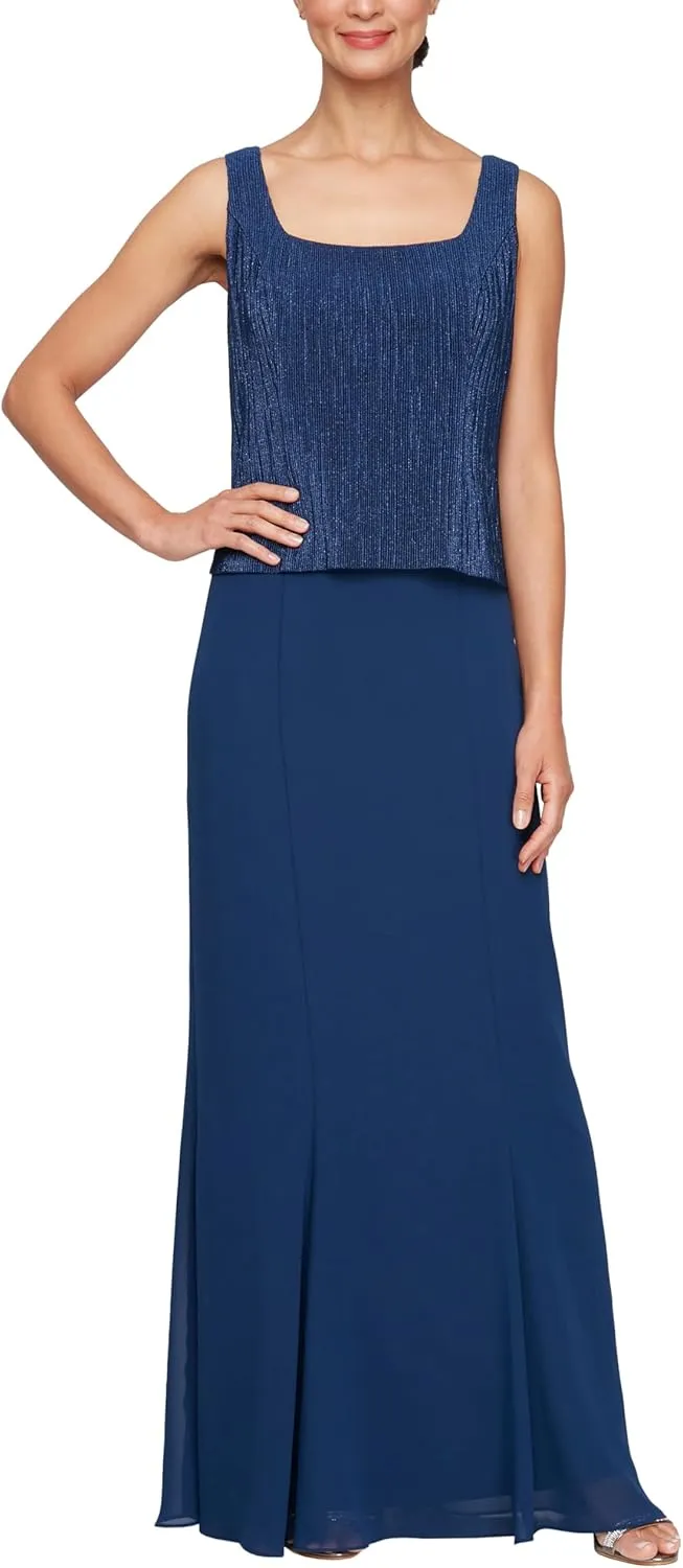 Alex Evenings Women's Long Scoop Mock Gown with Embellished Neck Jacket, Wedding Guest, Formal Event Dress