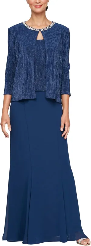 Alex Evenings Women's Long Scoop Mock Gown with Embellished Neck Jacket, Wedding Guest, Formal Event Dress