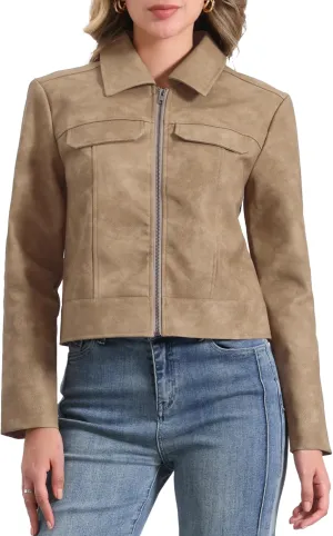 Allegra K Faux Leather Jackets for Women's Zip Up Vintage Distressed 2024 Fall Short PU Moto Biker Jacket