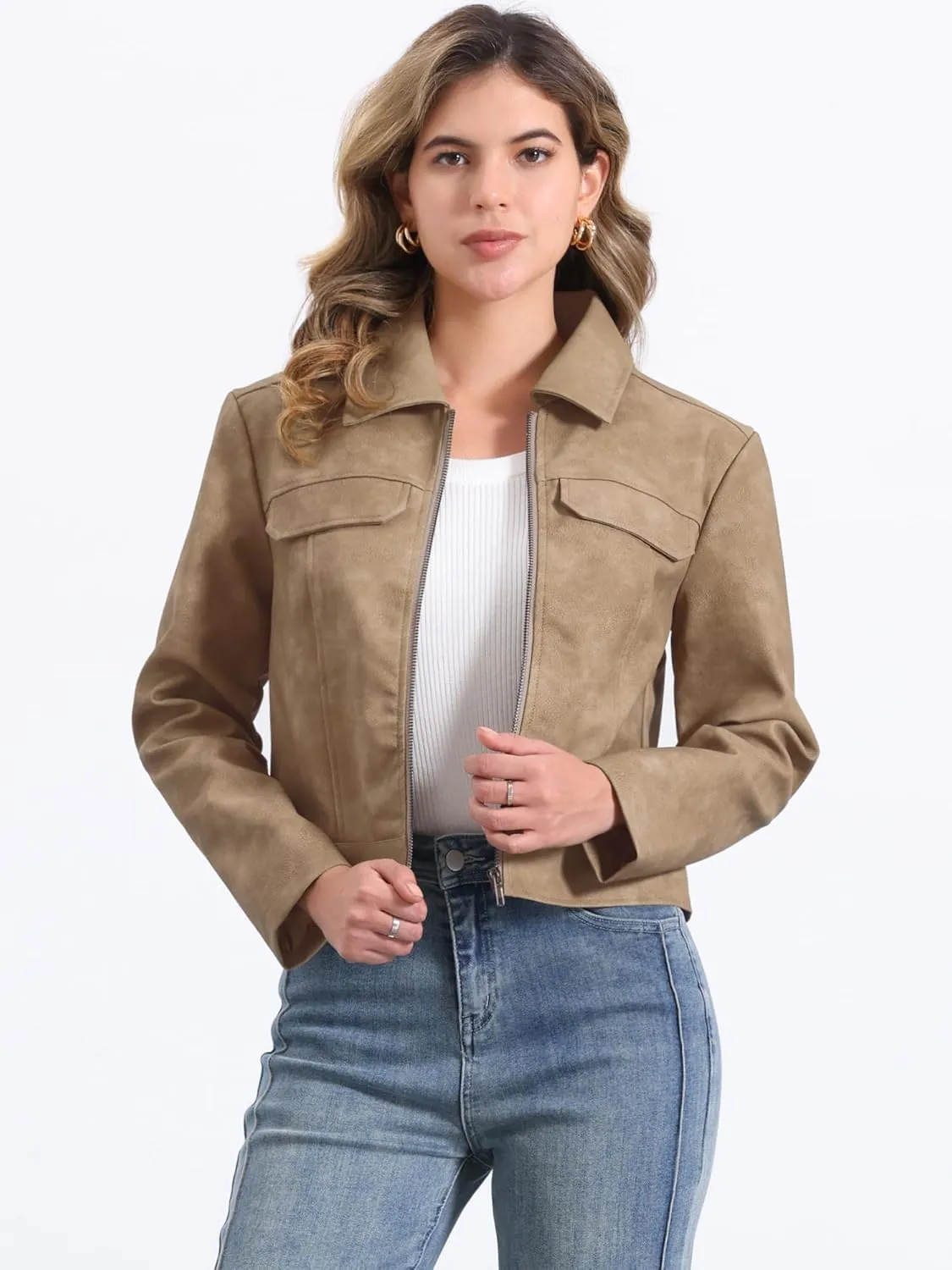 Allegra K Faux Leather Jackets for Women's Zip Up Vintage Distressed 2024 Fall Short PU Moto Biker Jacket