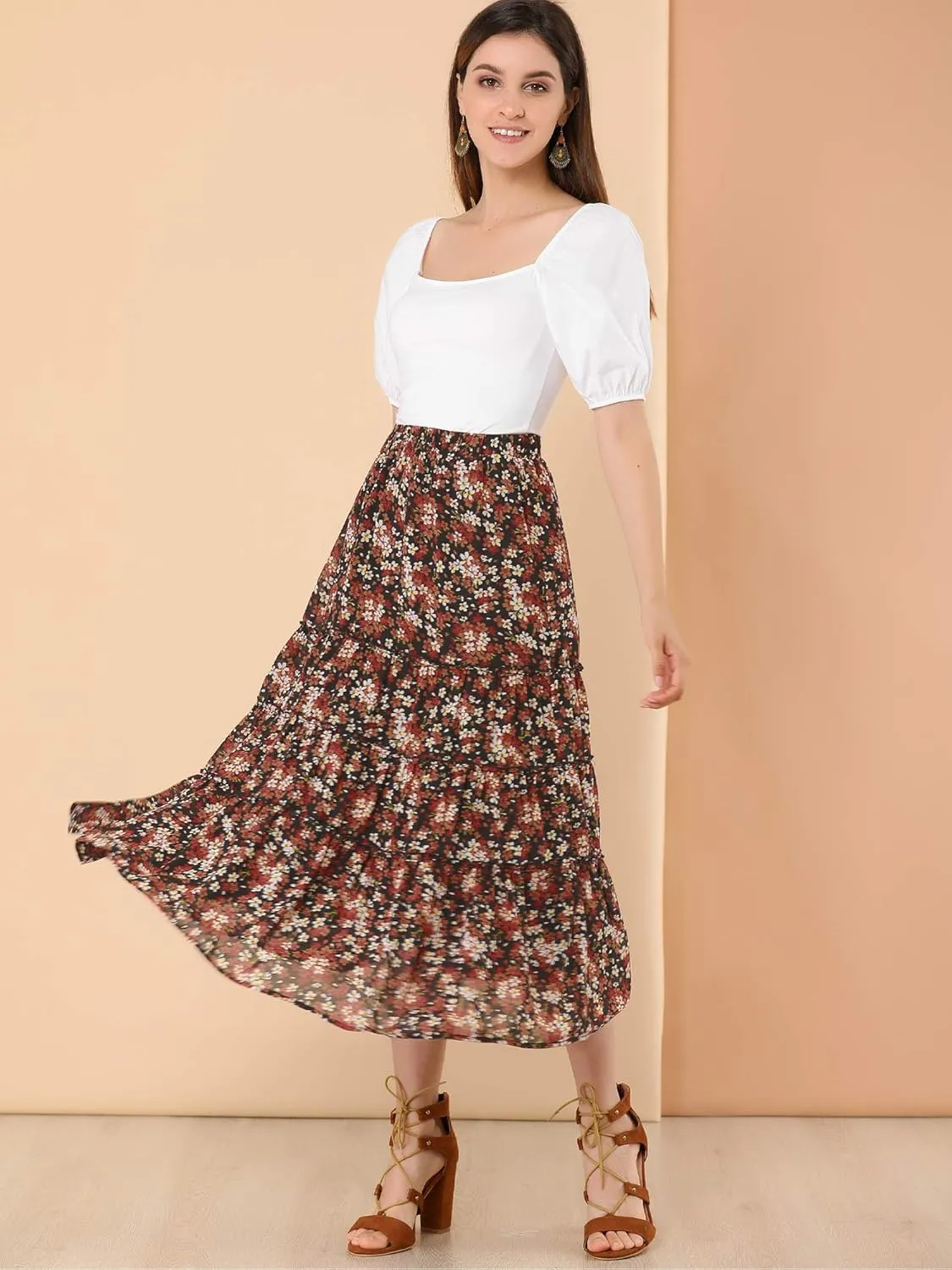 Allegra K Women's Floral Skirts Chiffon A-line Long Tiered Ruffle Boho Midi Skirt XS-3XL
