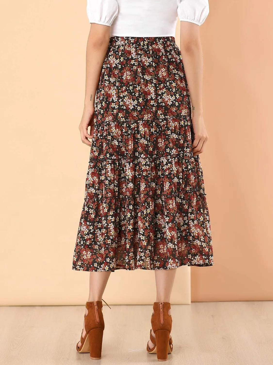 Allegra K Women's Floral Skirts Chiffon A-line Long Tiered Ruffle Boho Midi Skirt XS-3XL