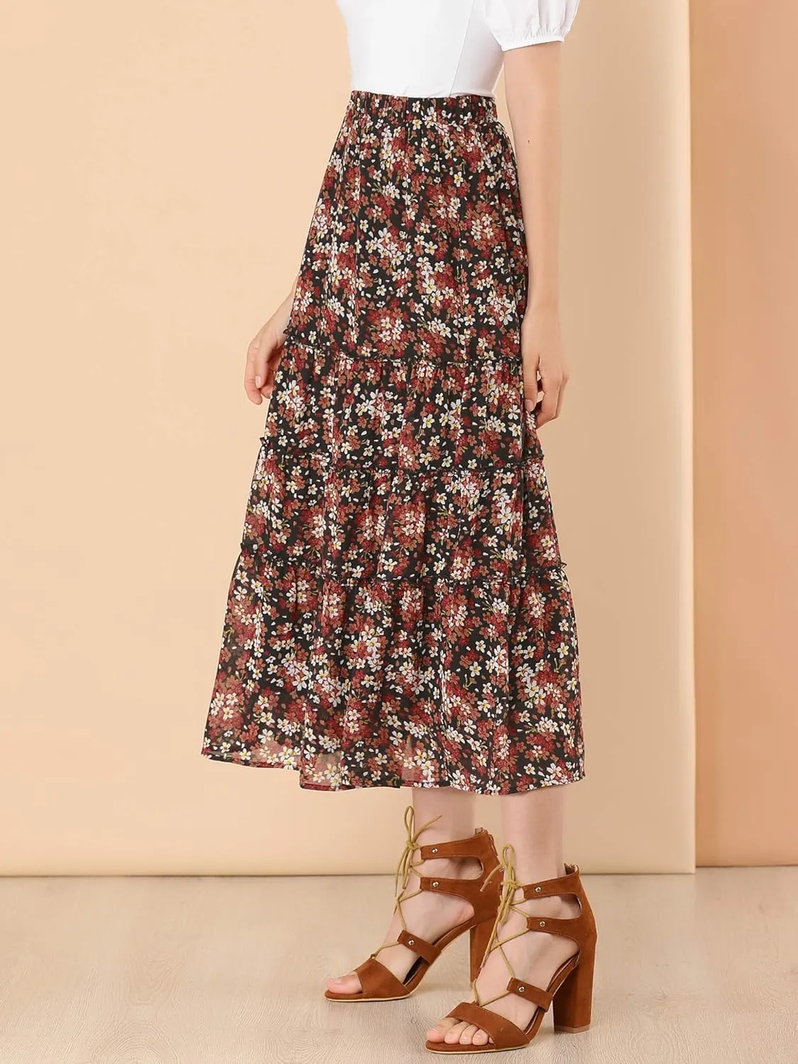 Allegra K Women's Floral Skirts Chiffon A-line Long Tiered Ruffle Boho Midi Skirt XS-3XL