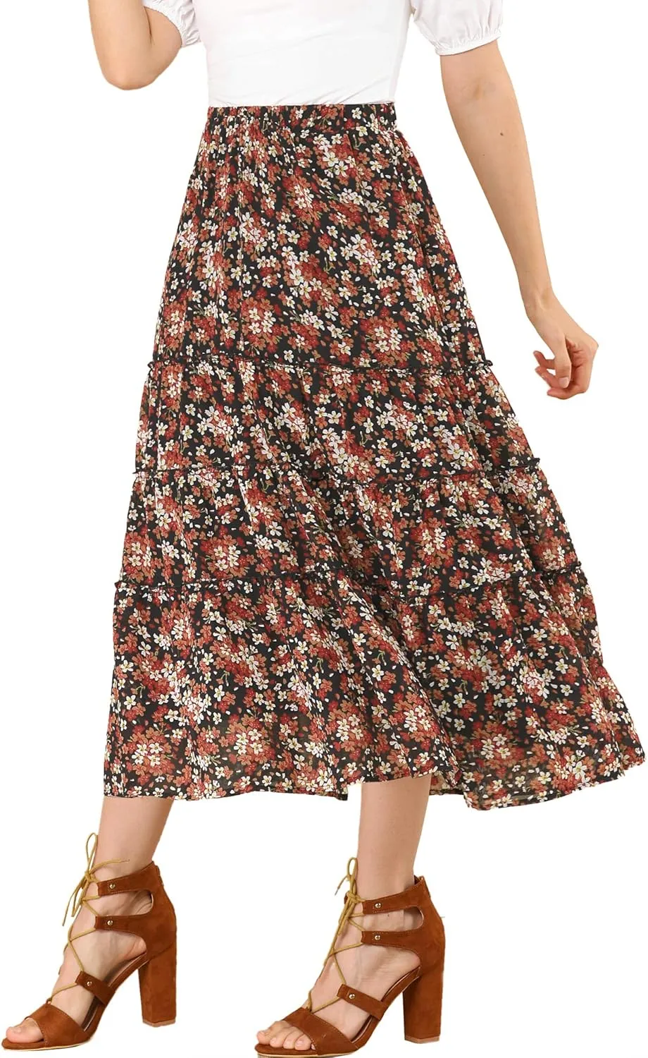 Allegra K Women's Floral Skirts Chiffon A-line Long Tiered Ruffle Boho Midi Skirt XS-3XL