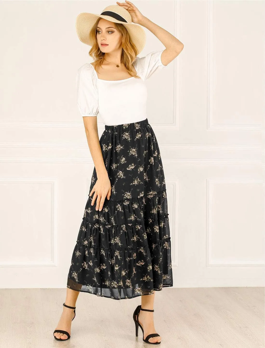 Allegra K Women's Floral Skirts Chiffon A-line Long Tiered Ruffle Boho Midi Skirt XS-3XL