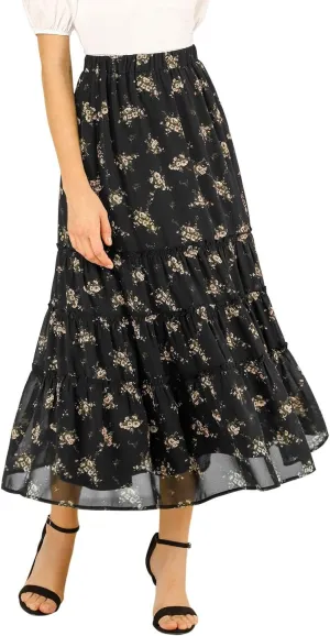 Allegra K Women's Floral Skirts Chiffon A-line Long Tiered Ruffle Boho Midi Skirt XS-3XL