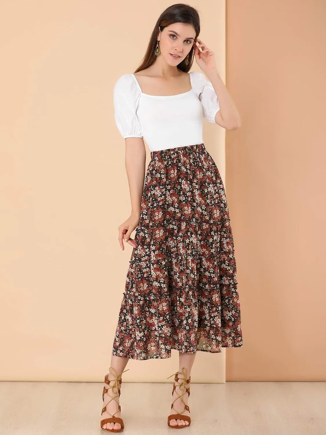 Allegra K Women's Floral Skirts Chiffon A-line Long Tiered Ruffle Boho Midi Skirt XS-3XL