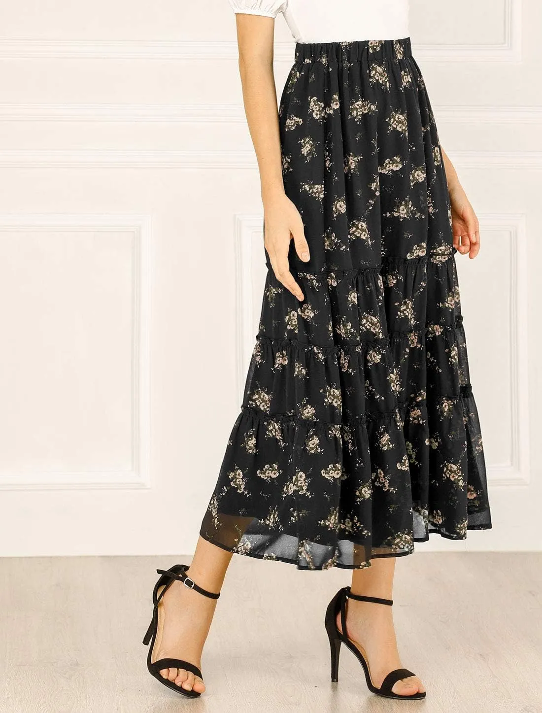 Allegra K Women's Floral Skirts Chiffon A-line Long Tiered Ruffle Boho Midi Skirt XS-3XL
