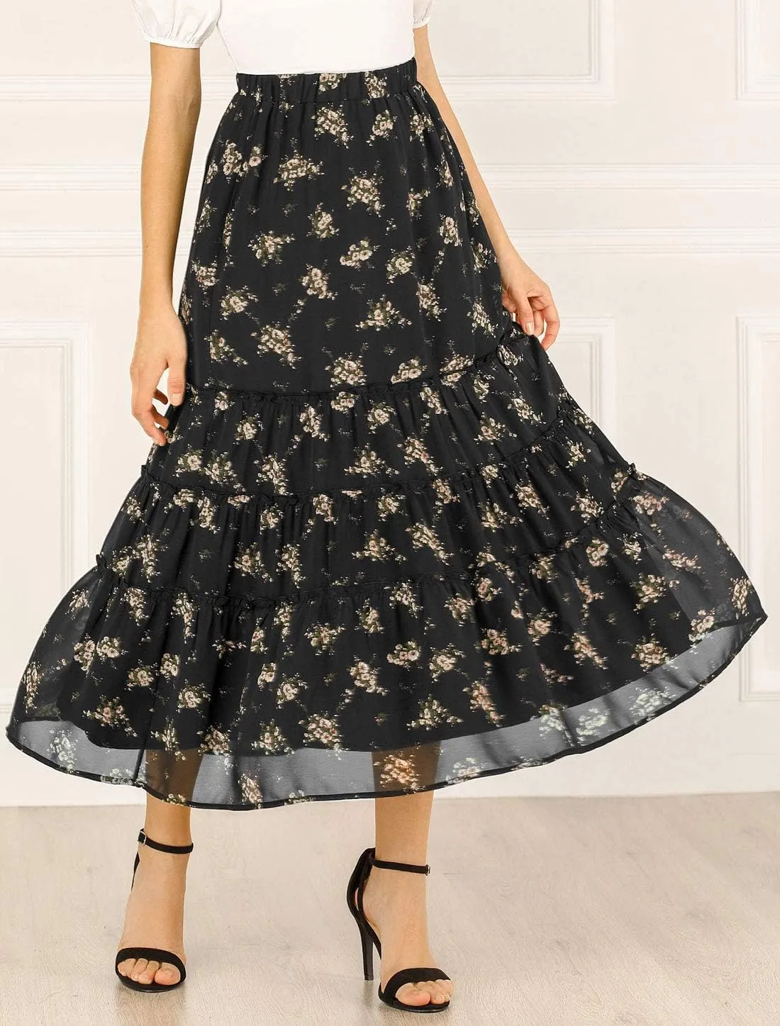 Allegra K Women's Floral Skirts Chiffon A-line Long Tiered Ruffle Boho Midi Skirt XS-3XL