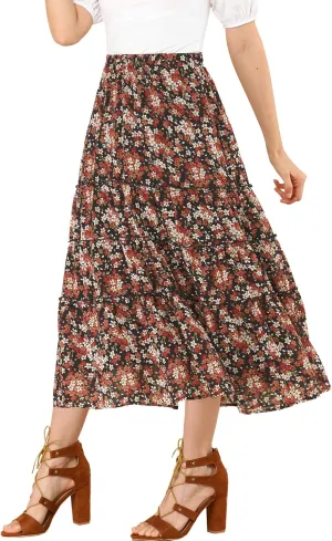 Allegra K Women's Floral Skirts Chiffon A-line Long Tiered Ruffle Boho Midi Skirt XS-3XL