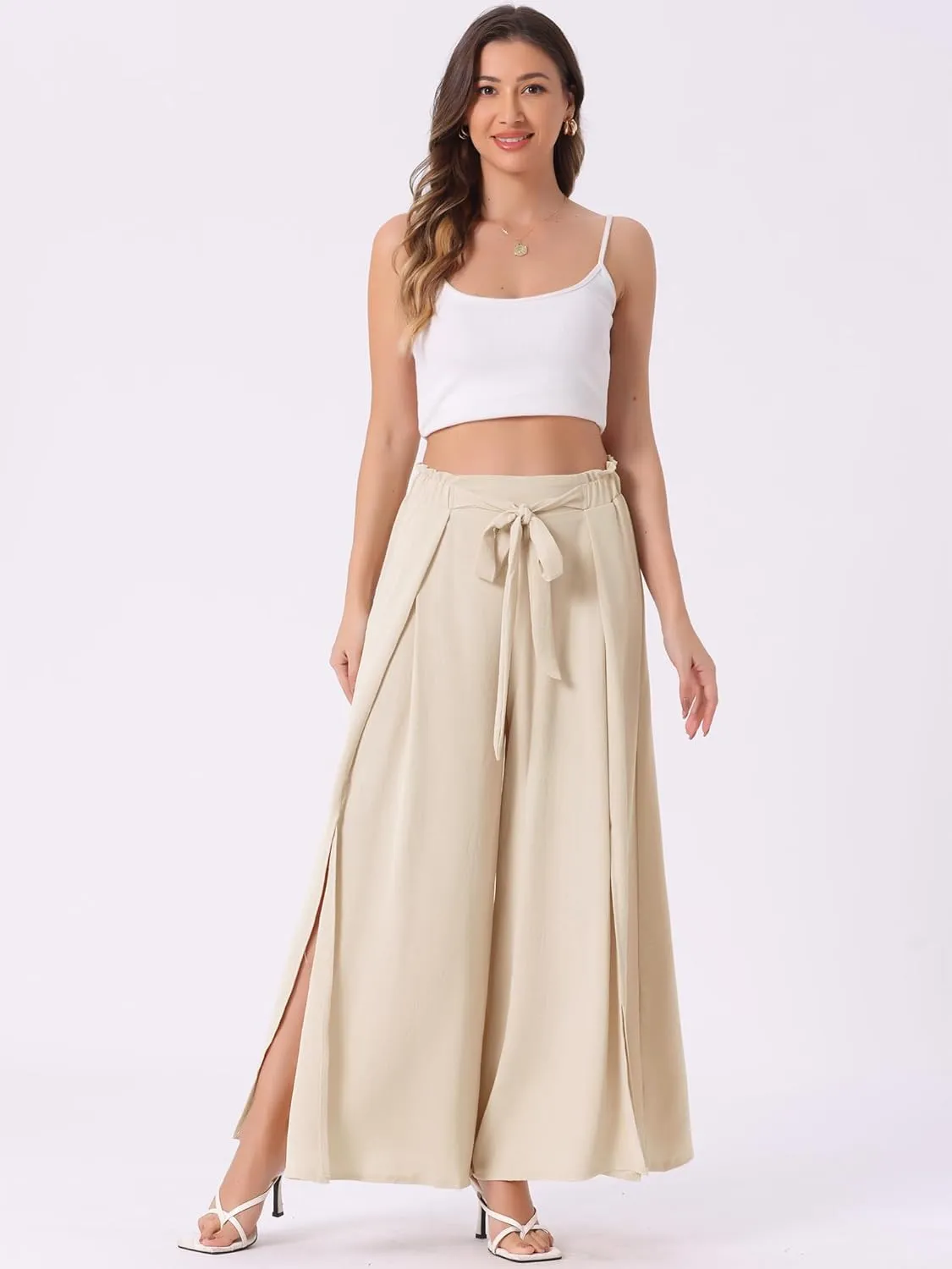 Allegra K Women's High Slit Hem High Waist Casual Wide Leg Long Palazzo Pants