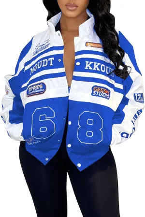 Angsuttc Varsity Jacket Women Motorcycle Detachable Letter Graphic Racer Jackets Vintage Color Block Baseball Street Coats