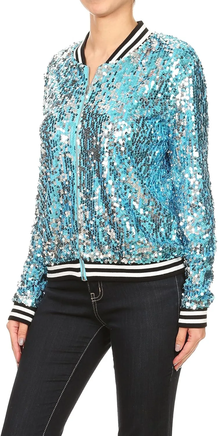 Anna-Kaci Womens Sequin Jacket Bomber Coat 1989 Slitter Outfit For Concert Party, Blue, Large