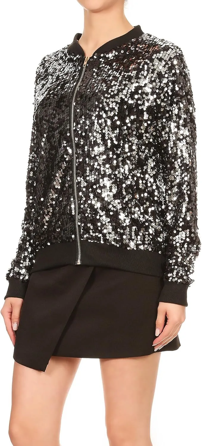 Anna-Kaci Womens Sequin Jacket Bomber Coat 1989 Slitter Outfit For Concert Party, Blue, Large
